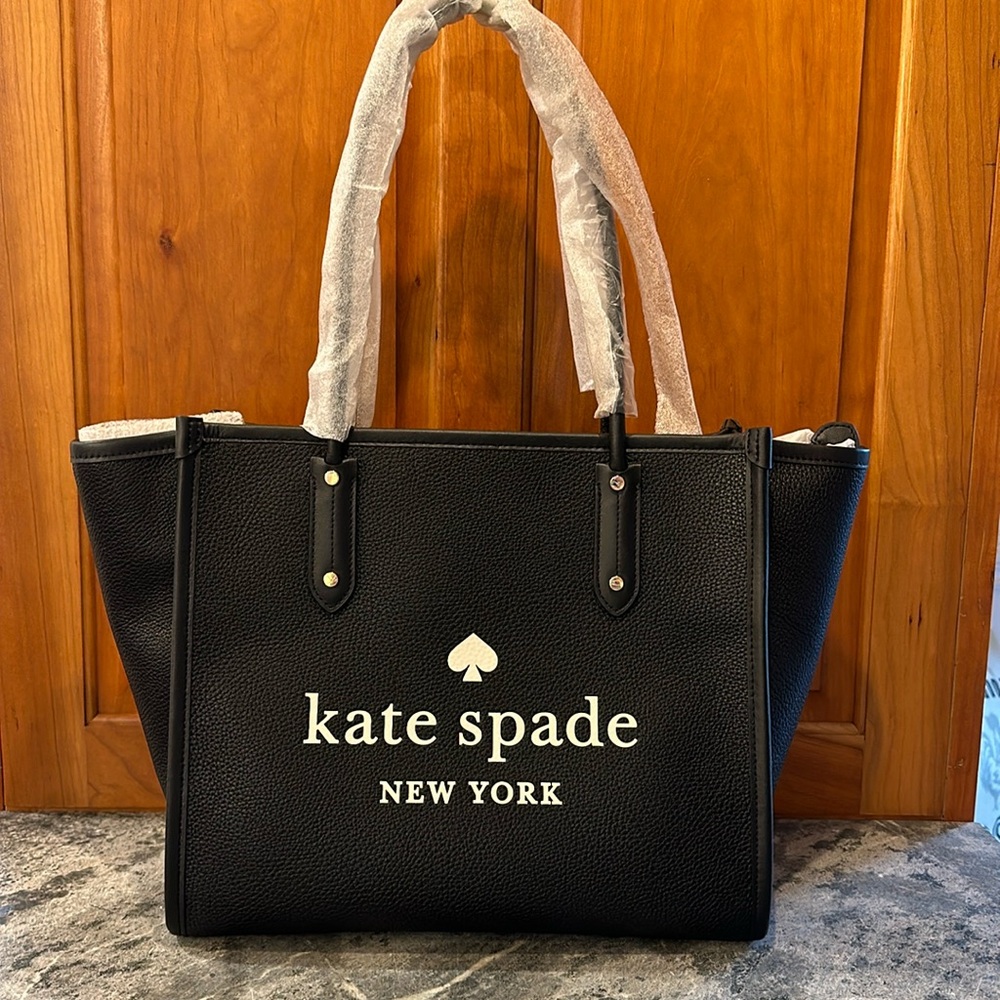 NWT Kate Spade Ella Tote Pebbled Black Bold Logo Original Packaging Keep or Gift - Picture 1 of 8